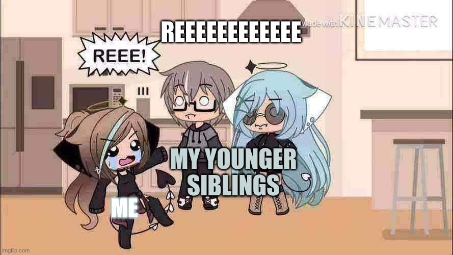me: my siblings | REEEEEEEEEEEE; MY YOUNGER SIBLINGS; ME | image tagged in reeeee | made w/ Imgflip meme maker