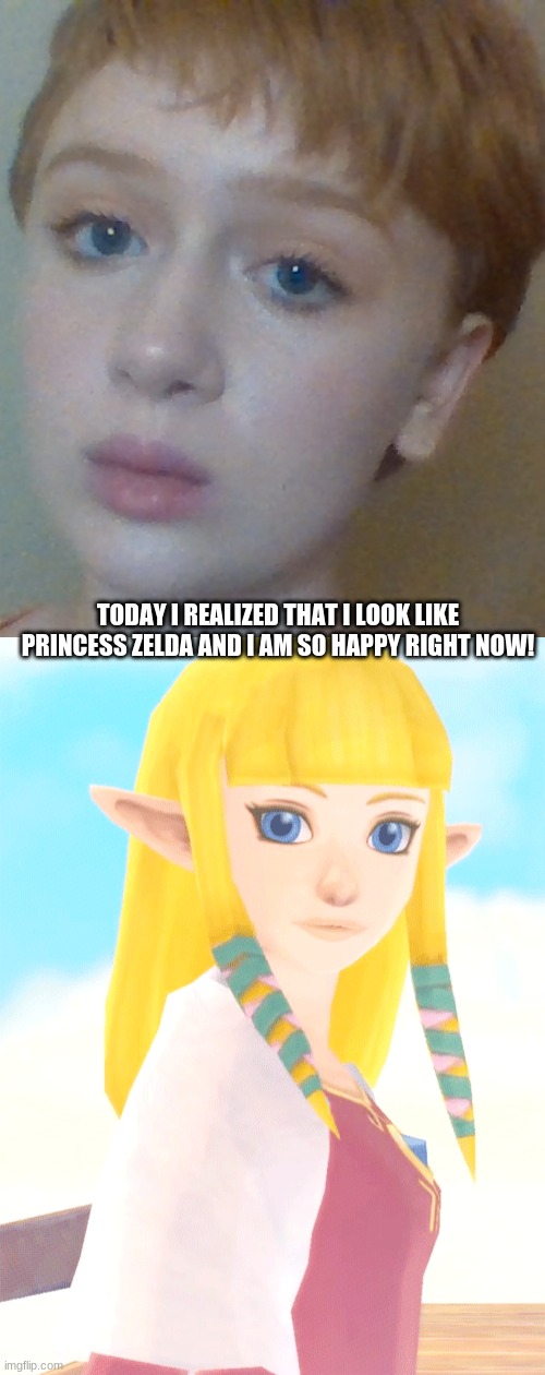 Do you see the resemblance? | TODAY I REALIZED THAT I LOOK LIKE PRINCESS ZELDA AND I AM SO HAPPY RIGHT NOW! | image tagged in princess zelda | made w/ Imgflip meme maker