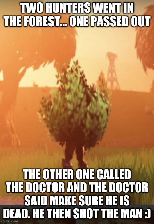 Fortnite bush | TWO HUNTERS WENT IN THE FOREST... ONE PASSED OUT; THE OTHER ONE CALLED THE DOCTOR AND THE DOCTOR SAID MAKE SURE HE IS DEAD. HE THEN SHOT THE MAN :) | image tagged in fortnite bush | made w/ Imgflip meme maker
