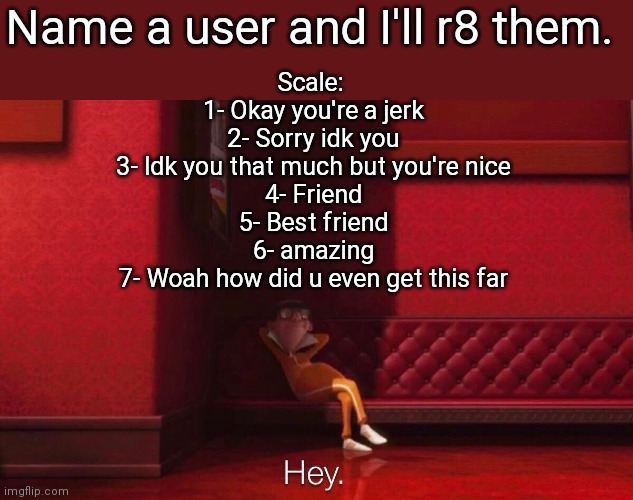 Vector | Name a user and I'll r8 them. Scale: 
1- Okay you're a jerk
2- Sorry idk you
3- Idk you that much but you're nice
4- Friend
5- Best friend
6- amazing
7- Woah how did u even get this far | image tagged in vector | made w/ Imgflip meme maker