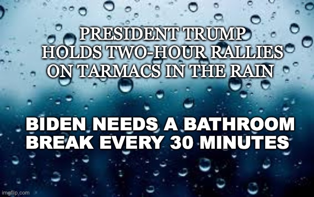 Presidential debates | PRESIDENT TRUMP HOLDS TWO-HOUR RALLIES ON TARMACS IN THE RAIN; BIDEN NEEDS A BATHROOM BREAK EVERY 30 MINUTES | image tagged in raindrops | made w/ Imgflip meme maker