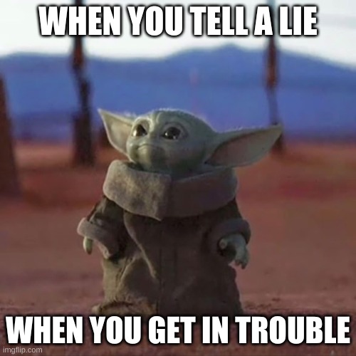 Baby Yoda | WHEN YOU TELL A LIE; WHEN YOU GET IN TROUBLE | image tagged in baby yoda | made w/ Imgflip meme maker