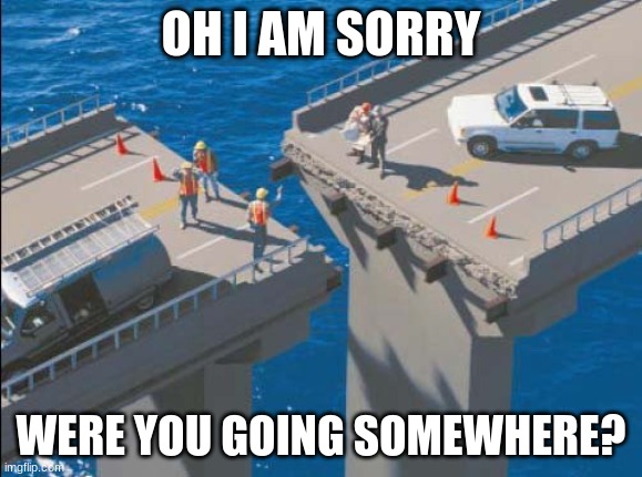Engineering Bridge Fail Meme | OH I AM SORRY; WERE YOU GOING SOMEWHERE? | image tagged in engineering bridge fail | made w/ Imgflip meme maker
