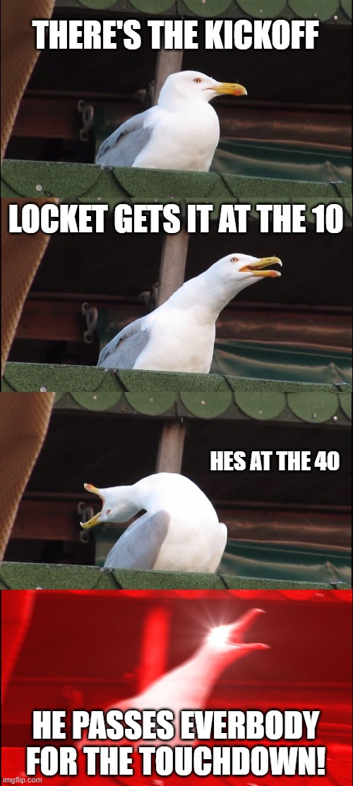 Inhaling Seagull | THERE'S THE KICKOFF; LOCKET GETS IT AT THE 10; HES AT THE 40; HE PASSES EVERBODY FOR THE TOUCHDOWN! | image tagged in memes,inhaling seagull | made w/ Imgflip meme maker