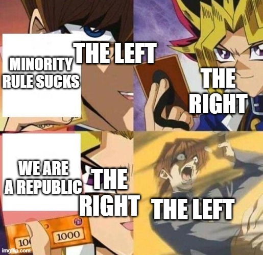 civics 101 | THE LEFT; THE RIGHT; MINORITY RULE SUCKS; WE ARE A REPUBLIC; THE RIGHT; THE LEFT | image tagged in kaiba's defeat | made w/ Imgflip meme maker