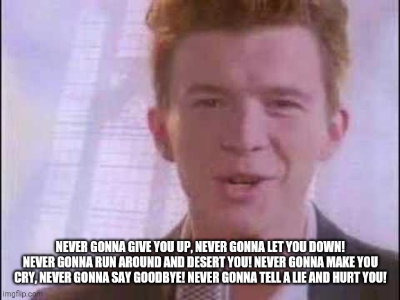 rick roll | NEVER GONNA GIVE YOU UP, NEVER GONNA LET YOU DOWN! NEVER GONNA RUN AROUND AND DESERT YOU! NEVER GONNA MAKE YOU CRY, NEVER GONNA SAY GOODBYE! | image tagged in rick roll | made w/ Imgflip meme maker