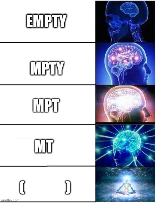 Expanding Brain 5 Panel | EMPTY; MPTY; MPT; MT; (               ) | image tagged in expanding brain 5 panel | made w/ Imgflip meme maker