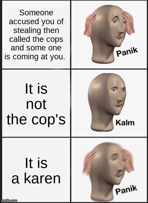 Panik Kalm Panik Meme | Someone accused you of stealing then called the cops and some one is coming at you. It is not the cop's; It is a Karen | image tagged in memes,panik kalm panik | made w/ Imgflip meme maker
