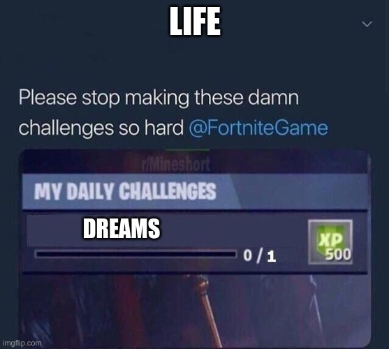 Fortnite Challenge | LIFE; DREAMS | image tagged in fortnite challenge | made w/ Imgflip meme maker