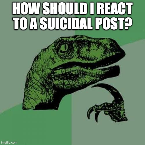 Philosoraptor Meme | HOW SHOULD I REACT TO A SUICIDAL POST? | image tagged in memes,philosoraptor | made w/ Imgflip meme maker
