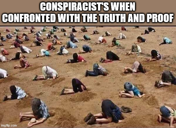 head in sand | CONSPIRACIST'S WHEN CONFRONTED WITH THE TRUTH AND PROOF | image tagged in conspiracy | made w/ Imgflip meme maker