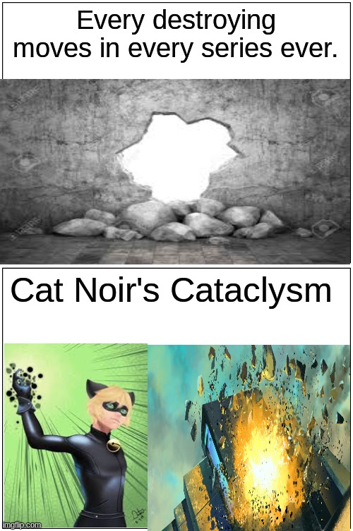 Blank Comic Panel 1x2 Meme | Every destroying moves in every series ever. Cat Noir's Cataclysm | image tagged in memes,blank comic panel 1x2 | made w/ Imgflip meme maker