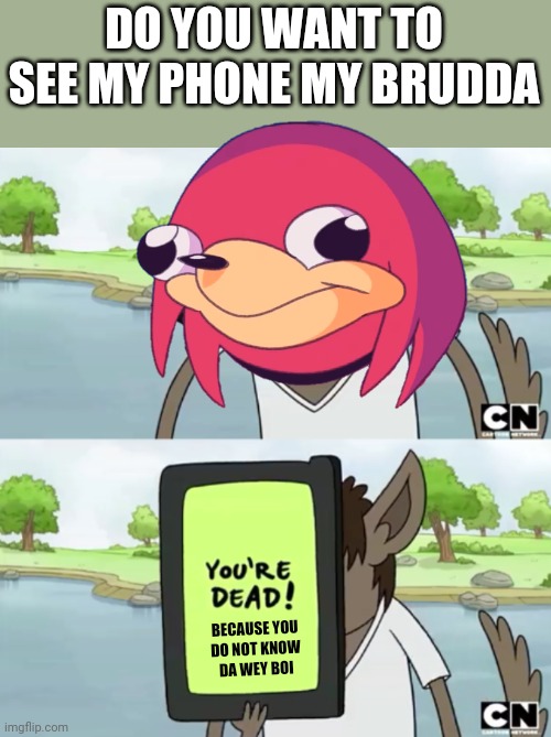 DO YOU WANT TO SEE MY PHONE MY BRUDDA; BECAUSE YOU
DO NOT KNOW
DA WEY BOI | image tagged in you wanna see my phone,memes,regular show,do you know da wae,ugandan knuckles,dank memes | made w/ Imgflip meme maker