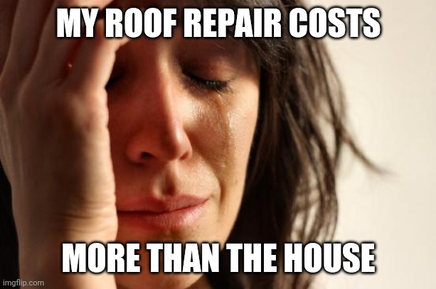 First World Problems | MY ROOF REPAIR COSTS; MORE THAN THE HOUSE | image tagged in memes,first world problems | made w/ Imgflip meme maker