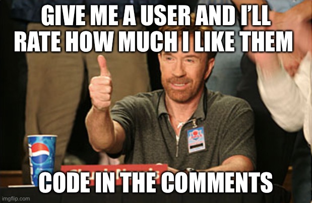 I’ll be 100% honest. Promise. | GIVE ME A USER AND I’LL RATE HOW MUCH I LIKE THEM; CODE IN THE COMMENTS | image tagged in memes,chuck norris approves,chuck norris | made w/ Imgflip meme maker