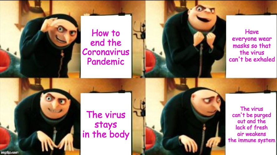 Gru's Diabolical Plan Fail | Have everyone wear masks so that the virus can't be exhaled; How to end the Coronavirus Pandemic; The virus stays in the body; The virus can't be purged out and the lack of fresh air weakens the immune system | image tagged in gru's diabolical plan fail | made w/ Imgflip meme maker