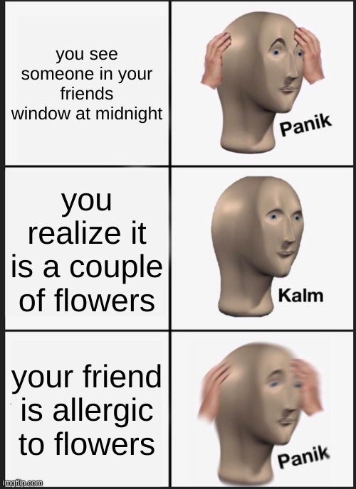 ut oh |  you see someone in your friends window at midnight; you realize it is a couple of flowers; your friend is allergic to flowers | image tagged in memes,panik kalm panik | made w/ Imgflip meme maker