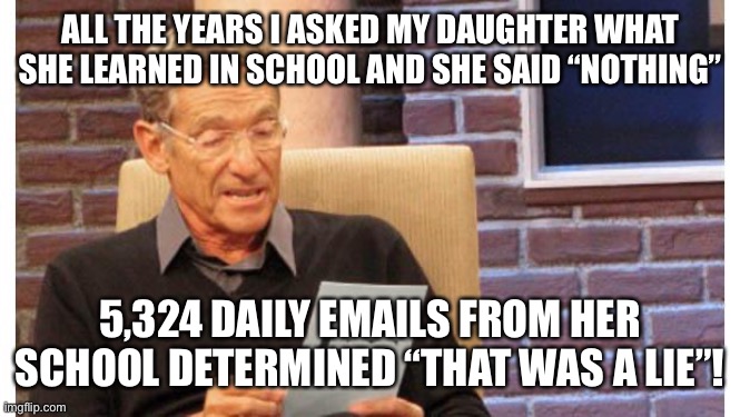 I learned nothing | ALL THE YEARS I ASKED MY DAUGHTER WHAT SHE LEARNED IN SCHOOL AND SHE SAID “NOTHING”; 5,324 DAILY EMAILS FROM HER SCHOOL DETERMINED “THAT WAS A LIE”! | image tagged in maury povich | made w/ Imgflip meme maker