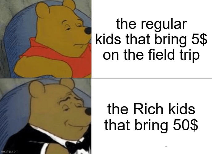 Tuxedo Winnie The Pooh Meme | the regular kids that bring 5$ on the field trip; the Rich kids that bring 50$ | image tagged in memes,tuxedo winnie the pooh | made w/ Imgflip meme maker