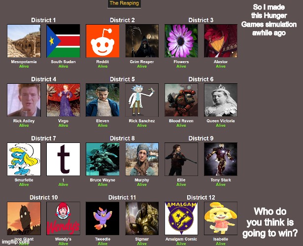 So I made this Hunger Games simulation awhile ago; Who do you think is going to win? | image tagged in hunger games | made w/ Imgflip meme maker
