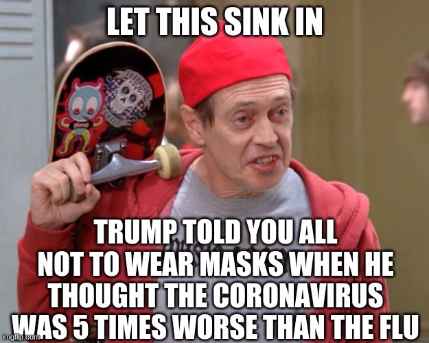 Steve Buscemi Fellow Kids | LET THIS SINK IN TRUMP TOLD YOU ALL NOT TO WEAR MASKS WHEN HE THOUGHT THE CORONAVIRUS WAS 5 TIMES WORSE THAN THE FLU | image tagged in steve buscemi fellow kids | made w/ Imgflip meme maker