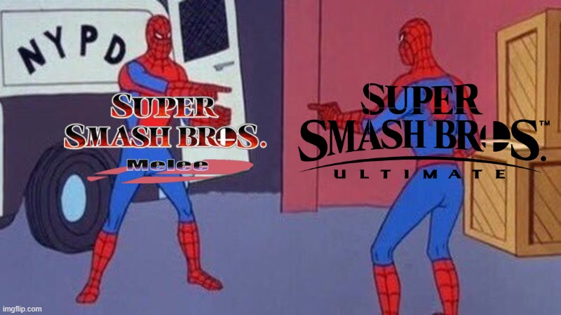 For fans, it's either Melee or Ultimate. | image tagged in spiderman pointing at spiderman,super smash bros | made w/ Imgflip meme maker