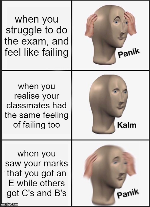 Exam | when you struggle to do the exam, and feel like failing; when you realise your classmates had the same feeling of failing too; when you saw your marks that you got an E while others got C's and B's | image tagged in memes,panik kalm panik,exams | made w/ Imgflip meme maker