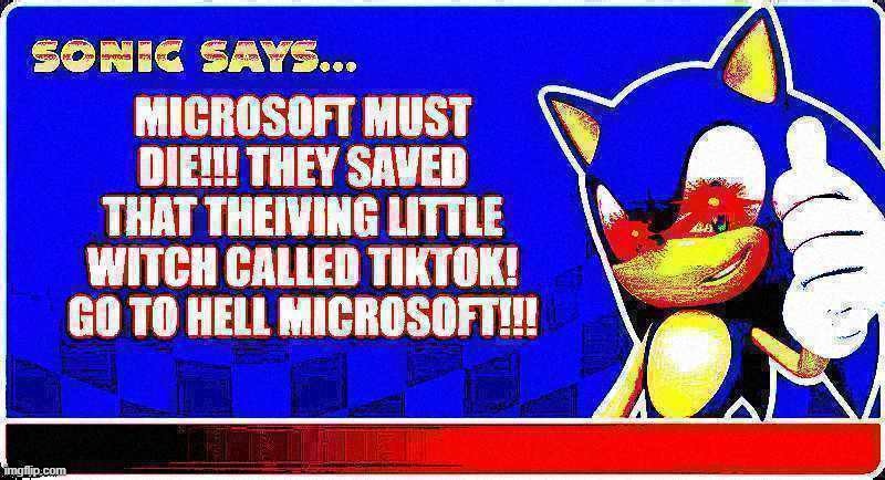 So(a)nic goes Satanic at Microsoft | image tagged in microsoft,tik tok,memes,funny,sonic says,end tiktok | made w/ Imgflip meme maker