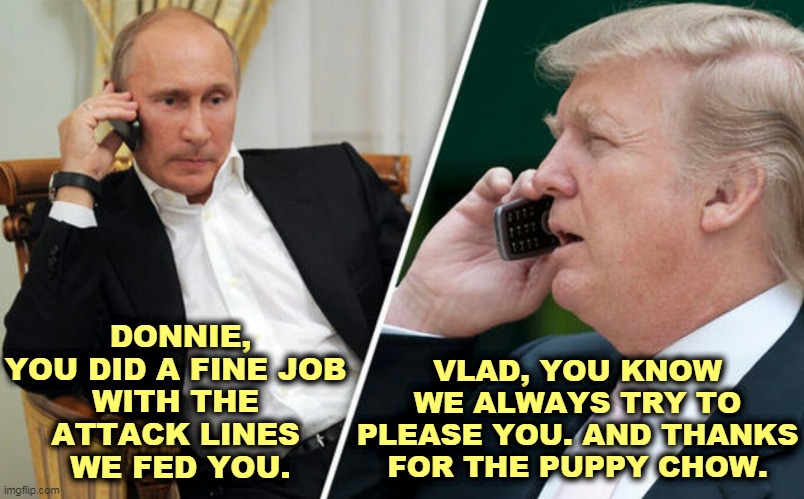 Putin's Puppy. Arf. | DONNIE, YOU DID A FINE JOB 
WITH THE 
ATTACK LINES 
WE FED YOU. VLAD, YOU KNOW WE ALWAYS TRY TO PLEASE YOU. AND THANKS FOR THE PUPPY CHOW. | image tagged in putin/trump phone call,putin,control,trump,employee of the month,puppy | made w/ Imgflip meme maker