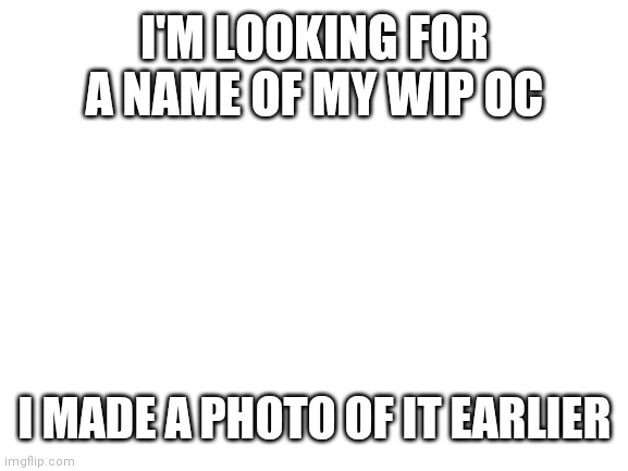 Any thoughts? | I'M LOOKING FOR A NAME OF MY WIP OC; I MADE A PHOTO OF IT EARLIER | image tagged in blank white template | made w/ Imgflip meme maker