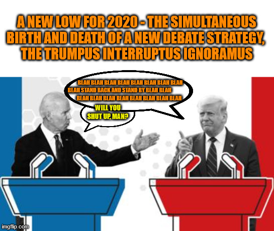 Next debate - the cut the mic redux! | A NEW LOW FOR 2020 - THE SIMULTANEOUS BIRTH AND DEATH OF A NEW DEBATE STRATEGY, 
THE TRUMPUS INTERRUPTUS IGNORAMUS; BLAH BLAH BLAH BLAH BLAH BLAH BLAH BLAH
BLAH STAND BACK AND STAND BY BLAH BLAH                              BLAH BLAH BLAH BLAH BLAH BLAH BLAH BLAH; WILL YOU SHUT UP, MAN? | image tagged in memes,politics | made w/ Imgflip meme maker