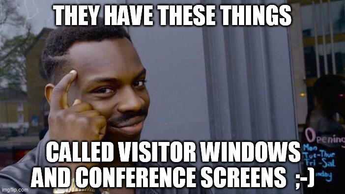 Roll Safe Think About It Meme | THEY HAVE THESE THINGS CALLED VISITOR WINDOWS AND CONFERENCE SCREENS  ;-) | image tagged in memes,roll safe think about it | made w/ Imgflip meme maker