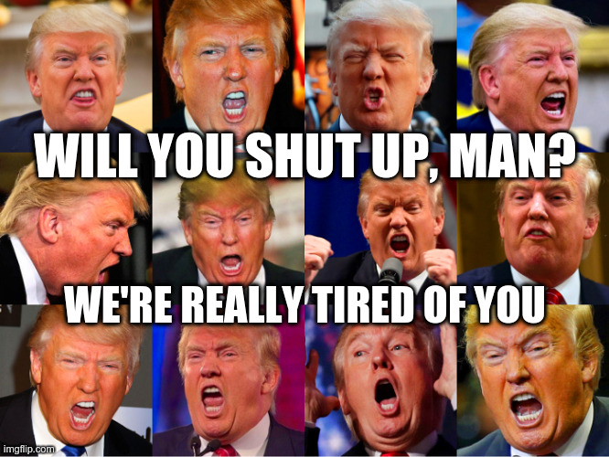 Will you shut up, man? | WILL YOU SHUT UP, MAN? WE'RE REALLY TIRED OF YOU | image tagged in will you shut up man,trump,too much trump,way too much trump,way way too much trump | made w/ Imgflip meme maker