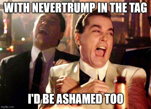 Goodfellas Laugh | WITH NEVERTRUMP IN THE TAG I'D BE ASHAMED TOO | image tagged in goodfellas laugh | made w/ Imgflip meme maker