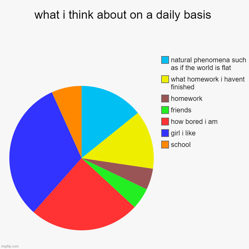 what i think about on a daily basis | school, girl i like, how bored i am, friends, homework, what homework i havent finished, natural pheno | image tagged in charts,pie charts | made w/ Imgflip chart maker