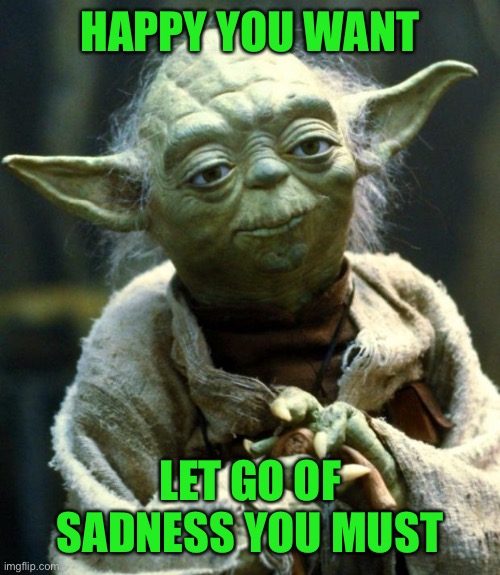 Star Wars Yoda Meme | HAPPY YOU WANT LET GO OF SADNESS YOU MUST | image tagged in memes,star wars yoda | made w/ Imgflip meme maker