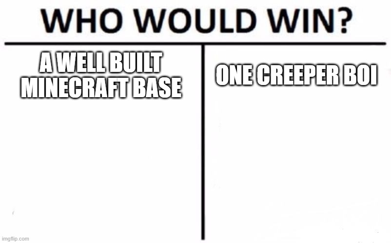 Who Would Win? Meme | A WELL BUILT MINECRAFT BASE; ONE CREEPER BOI | image tagged in memes,who would win | made w/ Imgflip meme maker