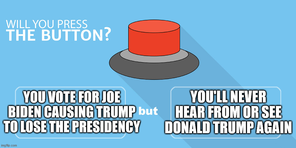 Trump Disappears Suddenly | YOU'LL NEVER HEAR FROM OR SEE DONALD TRUMP AGAIN; YOU VOTE FOR JOE BIDEN CAUSING TRUMP TO LOSE THE PRESIDENCY | image tagged in would you press the button | made w/ Imgflip meme maker