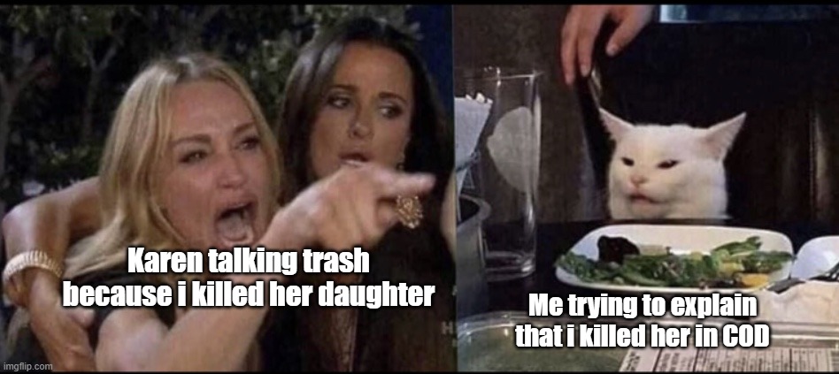 Karen Carpenter and Smudge Cat | Karen talking trash because i killed her daughter; Me trying to explain that i killed her in COD | image tagged in karen carpenter and smudge cat | made w/ Imgflip meme maker