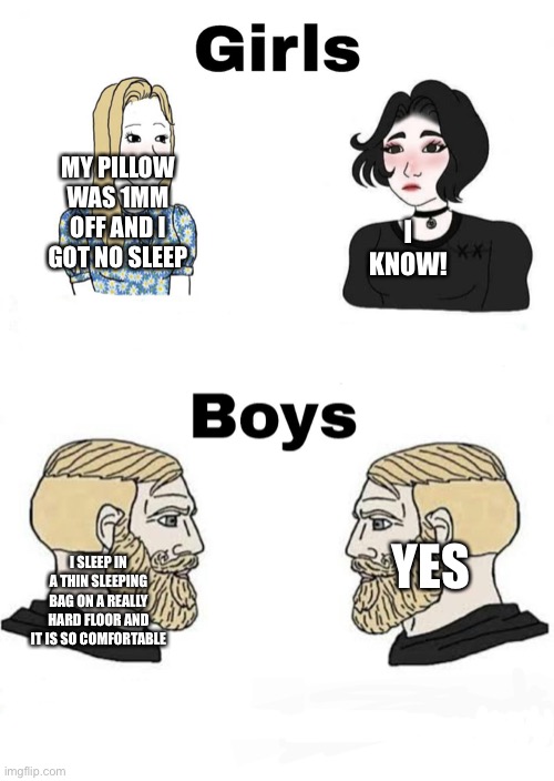 Girls vs Boys | MY PILLOW WAS 1MM OFF AND I GOT NO SLEEP; I KNOW! I SLEEP IN A THIN SLEEPING BAG ON A REALLY HARD FLOOR AND IT IS SO COMFORTABLE; YES | image tagged in girls vs boys | made w/ Imgflip meme maker