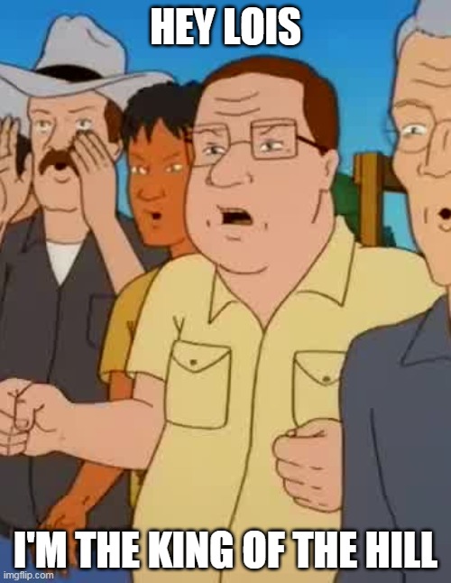 Peter Griffin In King Of The Hill | HEY LOIS; I'M THE KING OF THE HILL | image tagged in king of the hill | made w/ Imgflip meme maker