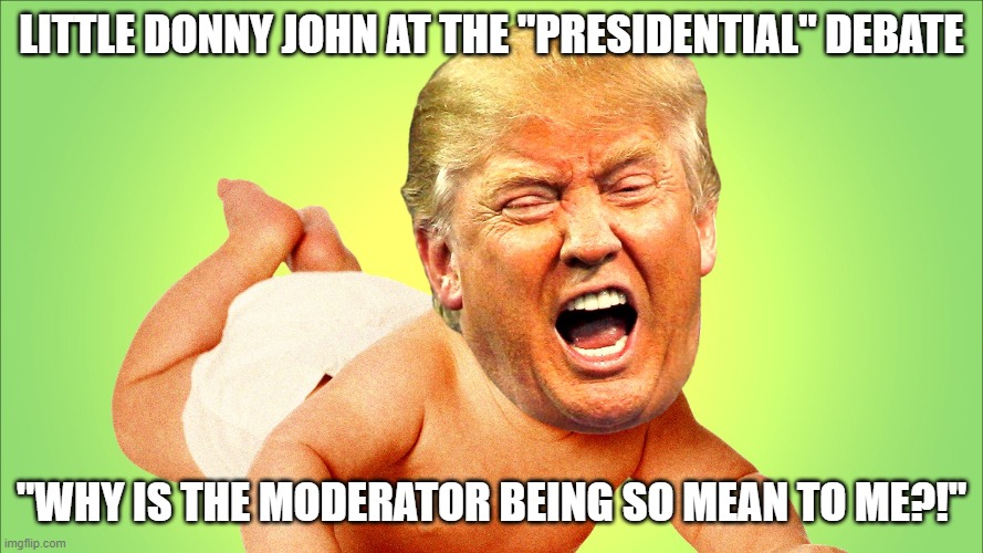 Donald Trump Debating | LITTLE DONNY JOHN AT THE "PRESIDENTIAL" DEBATE; "WHY IS THE MODERATOR BEING SO MEAN TO ME?!" | image tagged in trump,donald trump,lil' donny john,fat donny,donald trump is a whiney little bitch | made w/ Imgflip meme maker