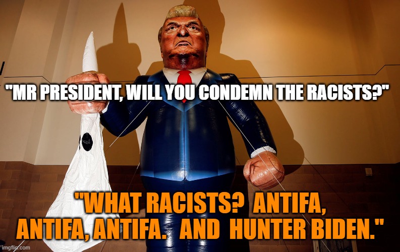 President Klansman |  "MR PRESIDENT, WILL YOU CONDEMN THE RACISTS?"; "WHAT RACISTS?  ANTIFA, ANTIFA, ANTIFA.   AND  HUNTER BIDEN." | image tagged in white supremacists,president trump,donald trump approves,potus45,donald trump you're fired | made w/ Imgflip meme maker