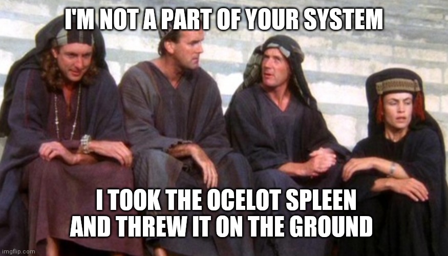I threw it on the ground, splitter! | I'M NOT A PART OF YOUR SYSTEM; I TOOK THE OCELOT SPLEEN AND THREW IT ON THE GROUND | image tagged in life of brian,monty python | made w/ Imgflip meme maker