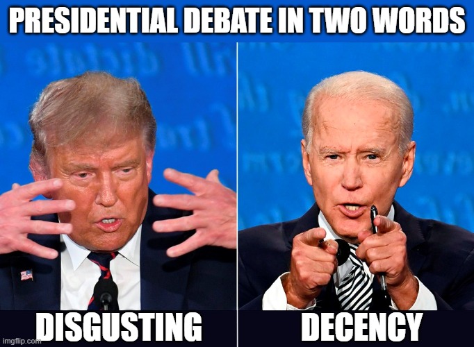 Trump proved he's unfit for a second term | PRESIDENTIAL DEBATE IN TWO WORDS; DISGUSTING; DECENCY | image tagged in despicable donald,joe biden,presidential debate,trump unfit unqualified dangerous | made w/ Imgflip meme maker