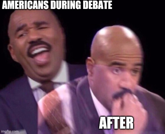 Clusterfu(k | AMERICANS DURING DEBATE; AFTER | image tagged in steve harvey laughing serious,politics,political meme | made w/ Imgflip meme maker