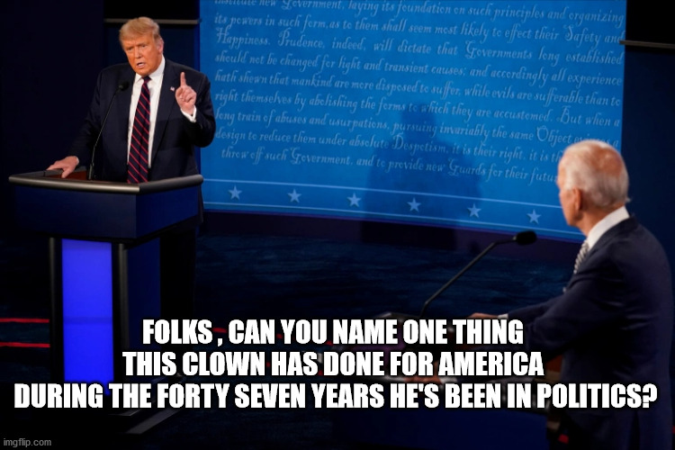 FOLKS , CAN YOU NAME ONE THING 
THIS CLOWN HAS DONE FOR AMERICA 
DURING THE FORTY SEVEN YEARS HE'S BEEN IN POLITICS? | made w/ Imgflip meme maker