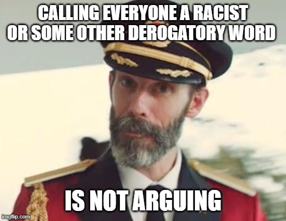 Captain Obvious | CALLING EVERYONE A RACIST OR SOME OTHER DEROGATORY WORD IS NOT ARGUING | image tagged in captain obvious | made w/ Imgflip meme maker