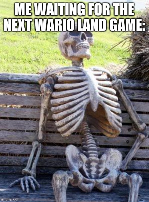 Waiting Skeleton | ME WAITING FOR THE NEXT WARIO LAND GAME: | image tagged in memes,waiting skeleton,wario,wario land,dank memes | made w/ Imgflip meme maker