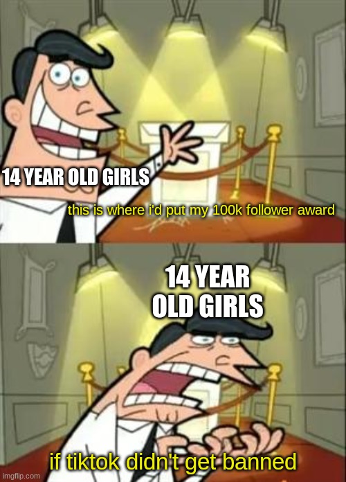 i'm glad it's getting banned | 14 YEAR OLD GIRLS; this is where i'd put my 100k follower award; 14 YEAR OLD GIRLS; if tiktok didn't get banned | image tagged in memes,this is where i'd put my trophy if i had one,tiktok,is getting banned | made w/ Imgflip meme maker